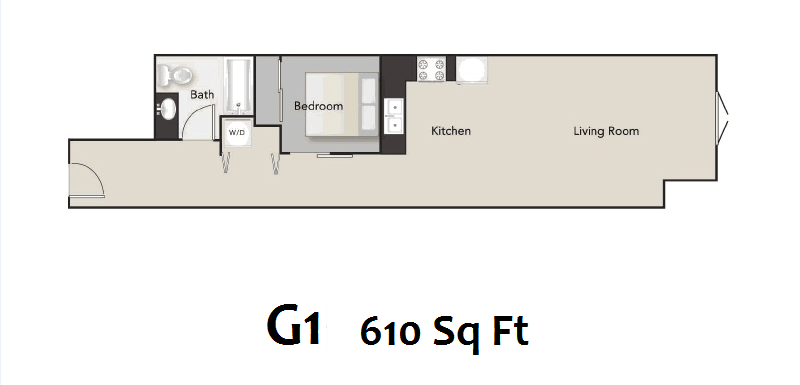 Floor plan for 1 bed, 1 bath, 610 sqft